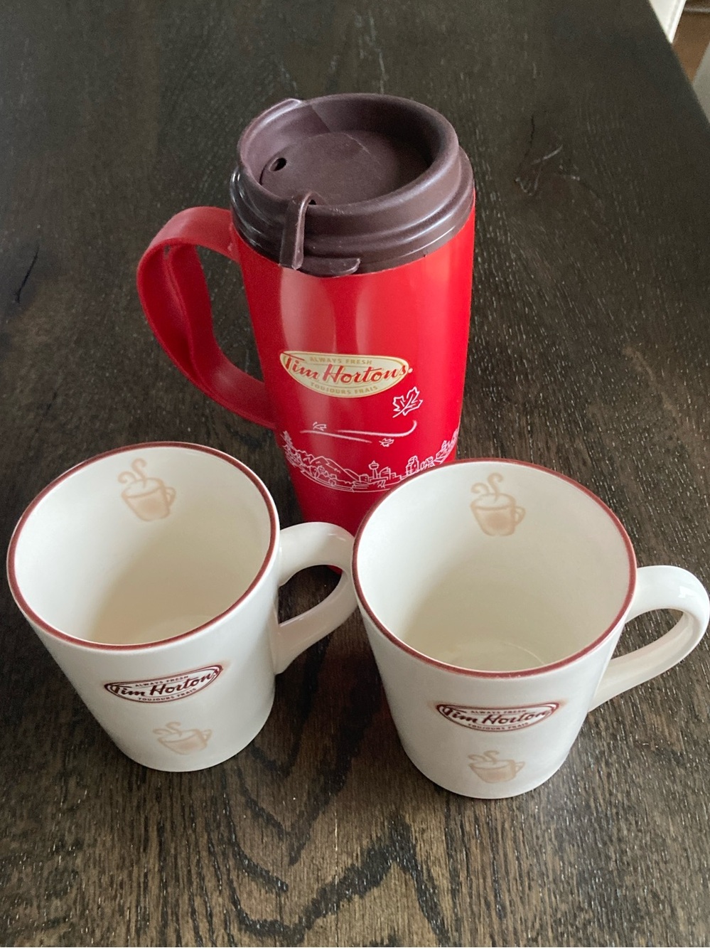 Tim Hortons Red Travel Mug and White Ceramic Mugs Set